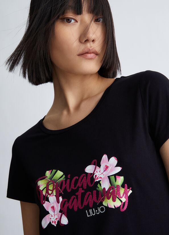 Liu Jo With Tropical Print Women's T Shirts Black | DFZ-435290