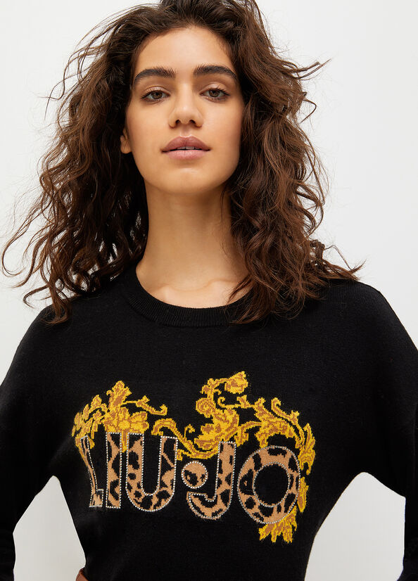 Liu Jo Wool And Cotton With Animal Print Logo Women's Sweaters Black / Yellow | RIV-801394