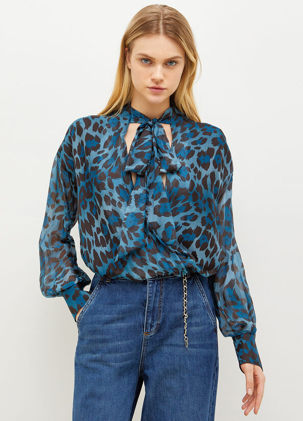 Liu Jo Animal-Print Chiffon Blouse Women's Shirts Blue | GOL-905178