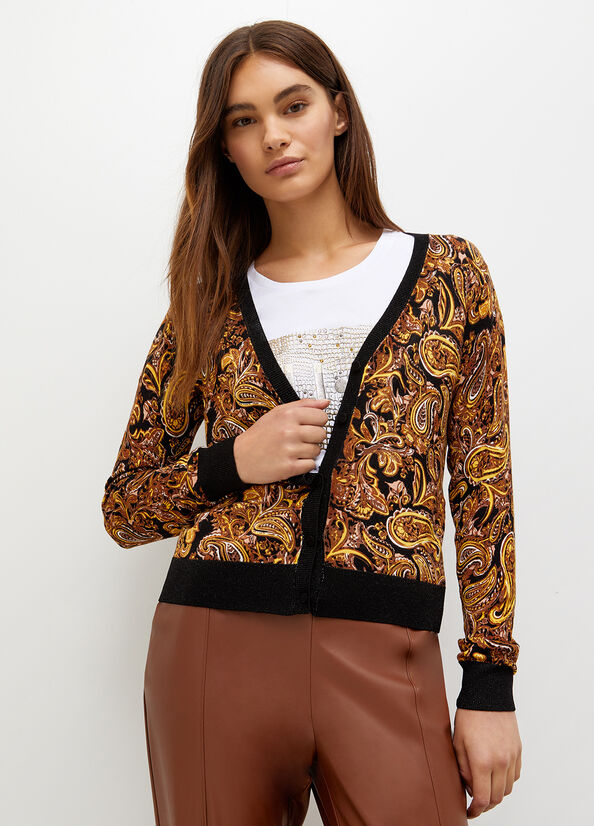 Liu Jo Cardigan With Paisley Print Women's Sweaters Black / Yellow | UWT-832504