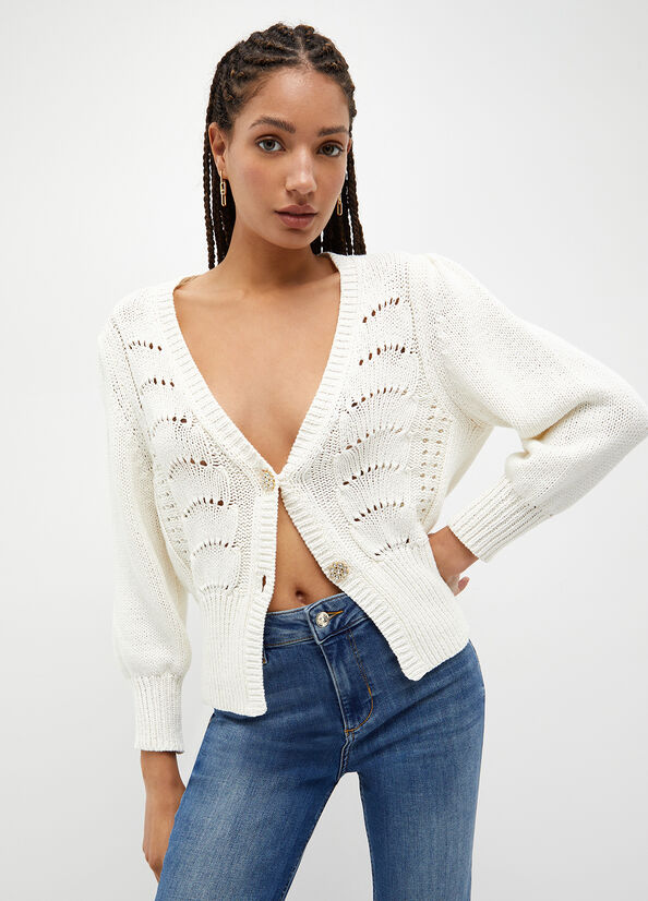 Liu Jo Cotton Crochet Cardigan Women's Sweaters White | HCT-402159