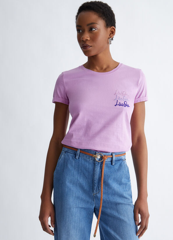 Liu Jo Cotton With Logo Women's Tops Pink | WNX-439685