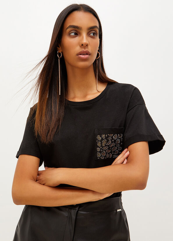 Liu Jo Cotton With Rhinestones Women's T Shirts Black | NEP-921347