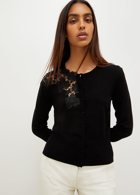 Liu Jo Eco-Friendly Cardigan With Lace Inlay Women's Sweaters Black | QPA-932017