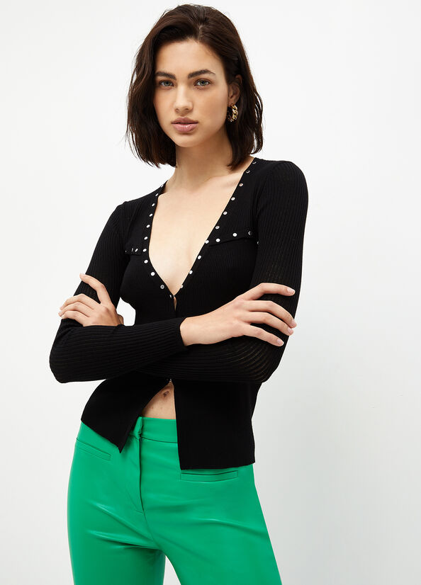 Liu Jo Eco-Friendly Cardigan With Studs Women's Sweaters Black | JZG-593461