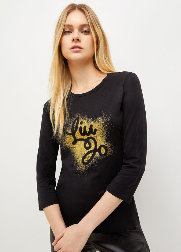 Liu Jo Eco-Friendly With Logo Women's T Shirts Black | YWO-721480