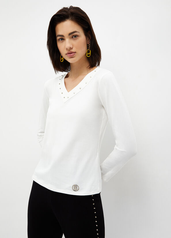 Liu Jo Eco-Friendly With Studs Women's T Shirts White | QGR-416537