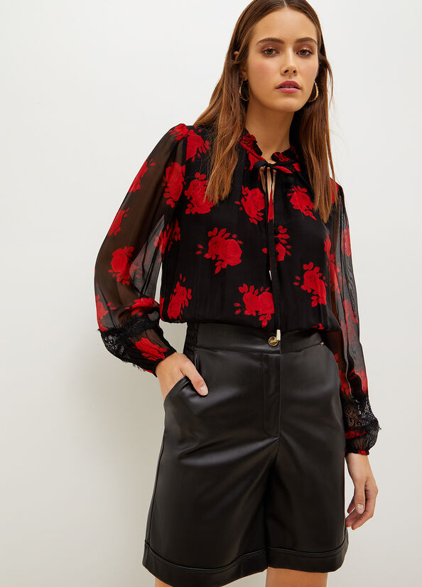 Liu Jo Floral Chiffon Blouse Women's Shirts Black / Red | RJN-059468