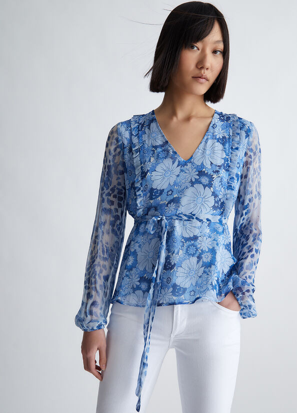 Liu Jo Floral Crepon Blouse Women's Shirts Dark Blue | QFA-514609