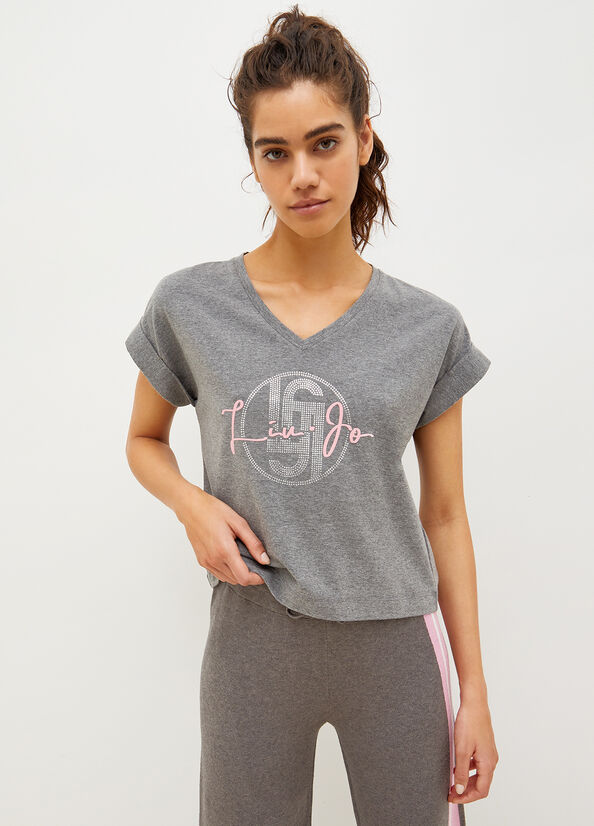 Liu Jo Jersey With Logo Women's T Shirts Grey | DRA-183026