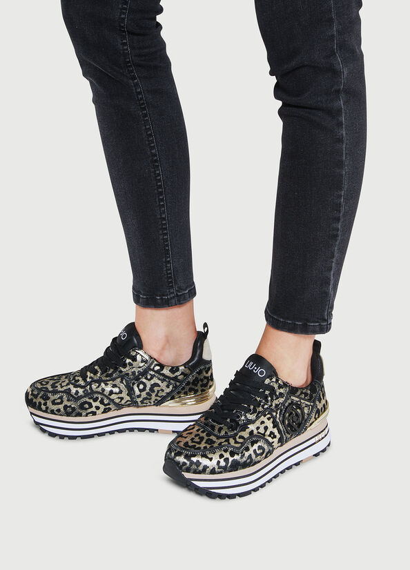 Liu Jo Laminated Animal-Print Platform Women's Sneakers Black / Gold | HOT-684037