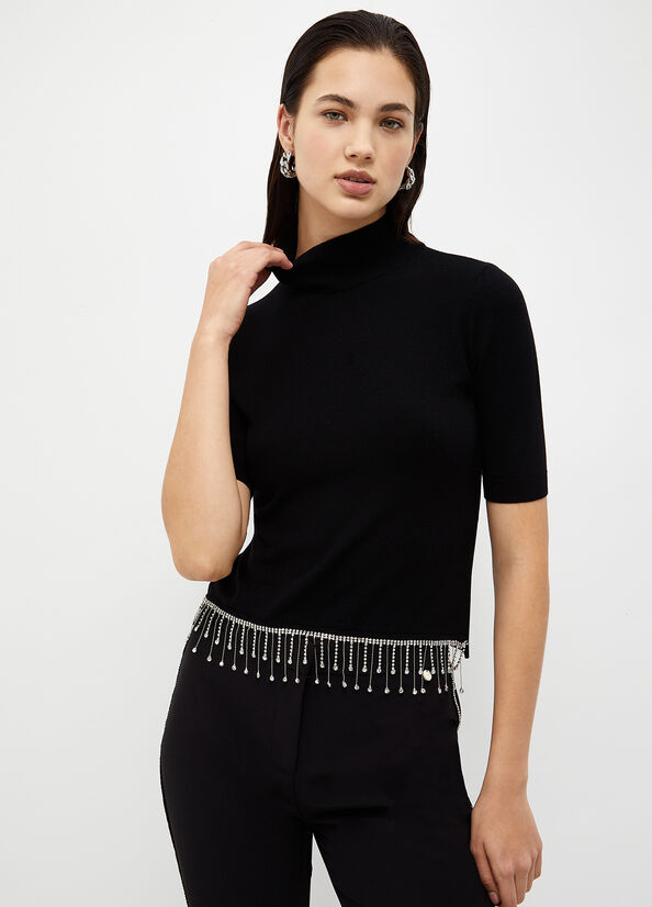 Liu Jo Mock Turtleneck With Jewel Fringes Women's Sweaters Black | URS-940725