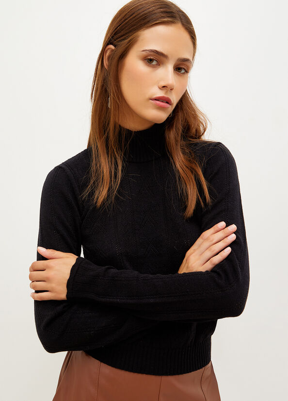 Liu Jo Mock Turtleneck With Penwork Pattern Women's Sweaters Black | ATE-416873