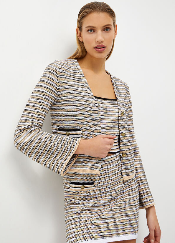 Liu Jo Striped Crochet Cardigan Women's Sweaters Beige | RNX-549617