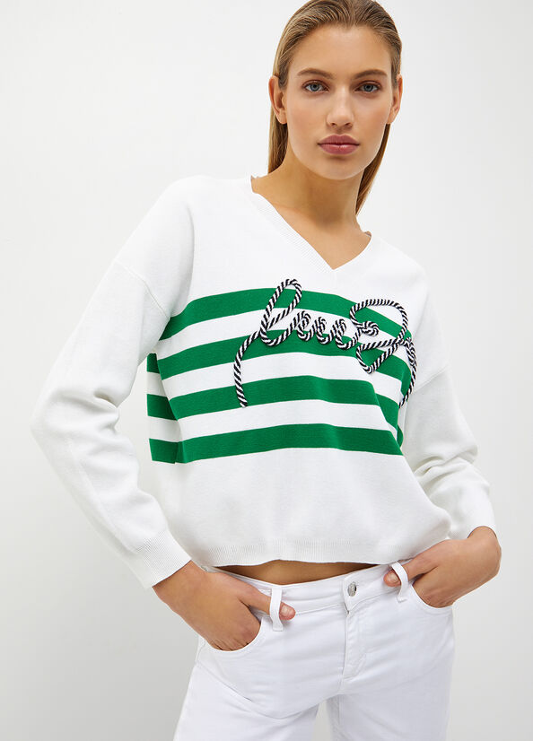 Liu Jo Striped With Cord Logo Women's Sweaters Green | PUY-057281