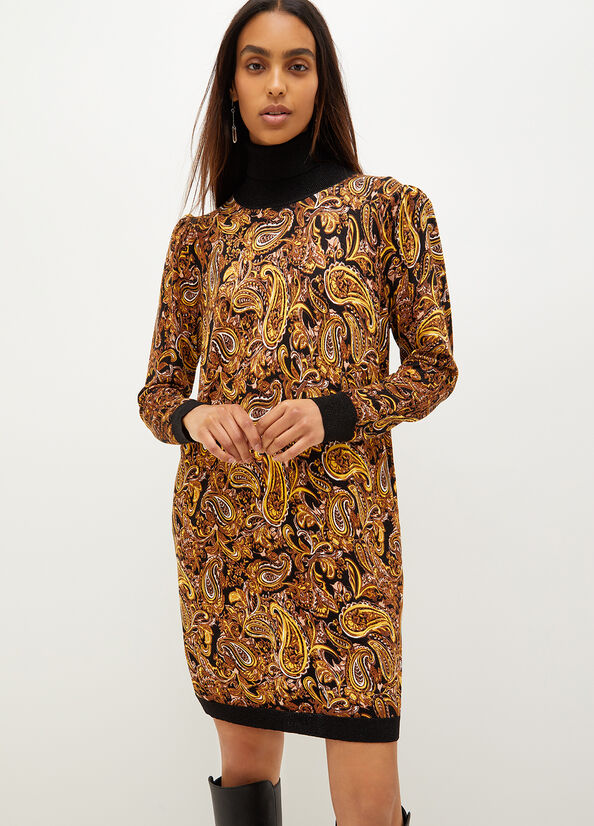 Liu Jo Turtleneck With Paisley Print Women's Dress Black / Yellow | EOX-502641