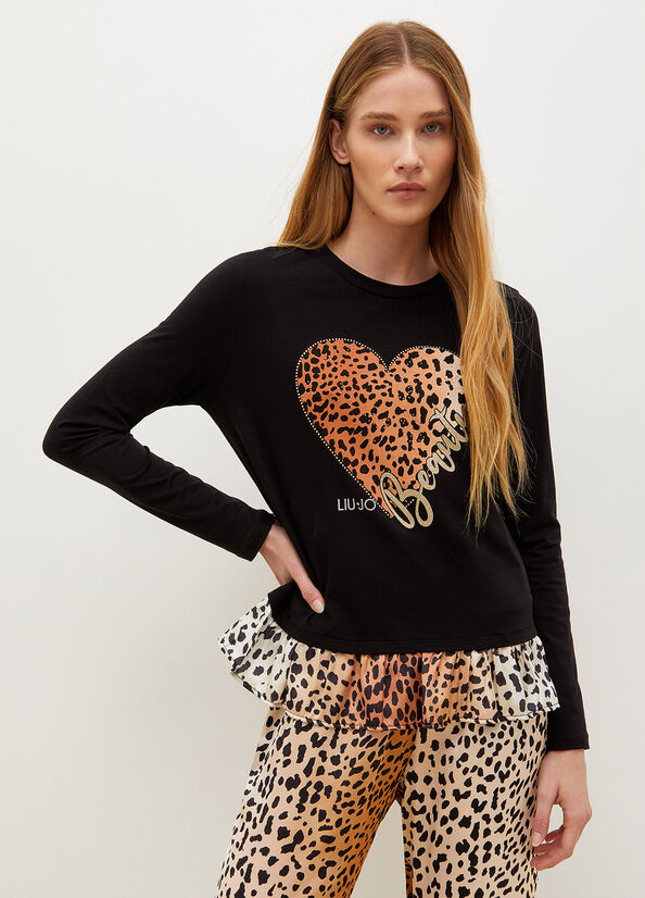 Liu Jo With Animal-Print Heart Women's T Shirts Black | GXB-476932