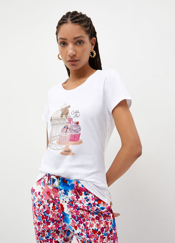 Liu Jo With Cage & Cupcake Print Women's Tops White | CAU-165048