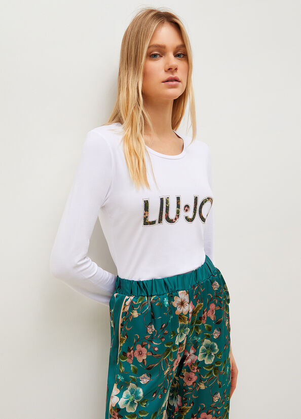 Liu Jo With Floral Logo Women's T Shirts White | ZWJ-472059