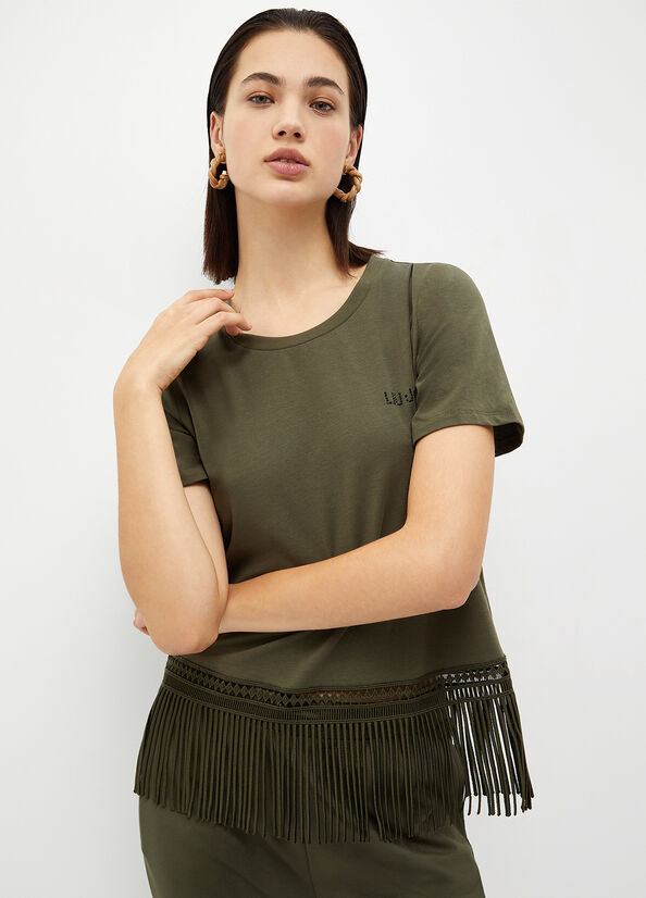 Liu Jo With Fringes Women's T Shirts Olive | WEK-419280