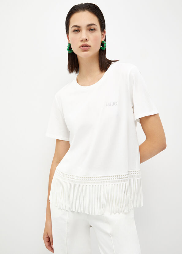 Liu Jo With Fringes Women's T Shirts White | XPI-795321