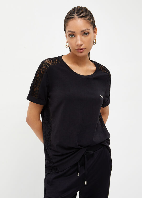 Liu Jo With Lace Details Women's T Shirts Black | GNH-051493