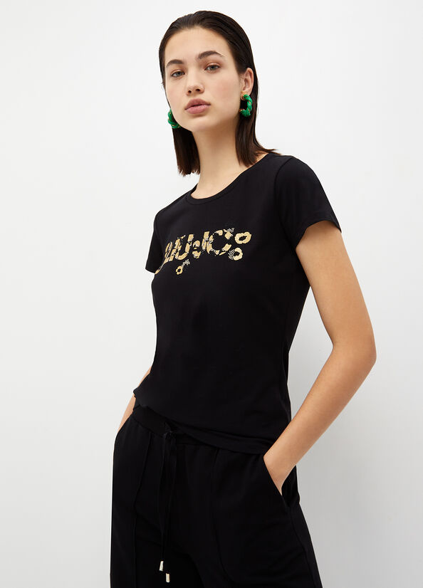 Liu Jo With Logo And Gemstones Women's T Shirts Black | LDY-504829