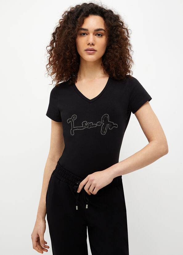 Liu Jo With Logo And Gemstones Women's T Shirts Black | RGT-176095