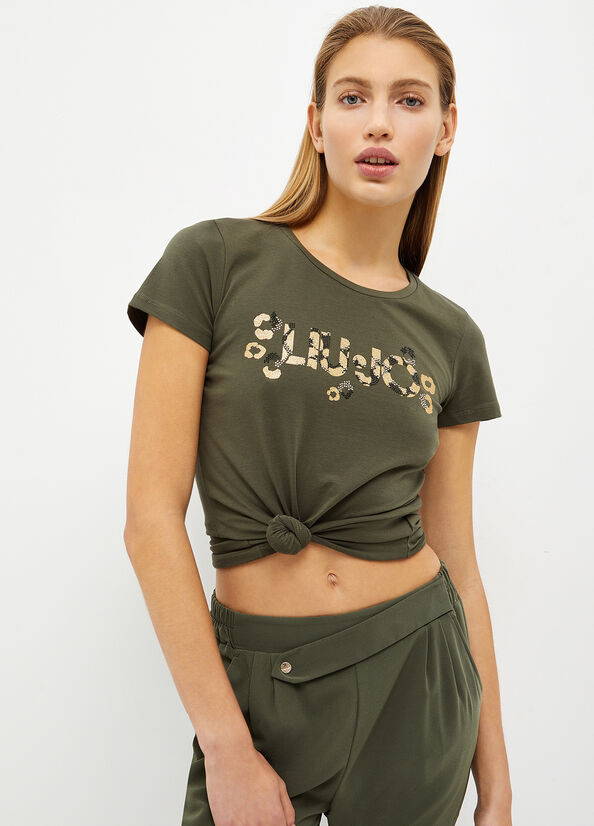 Liu Jo With Logo And Gemstones Women's T Shirts Olive | RJA-809145