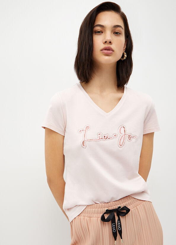 Liu Jo With Logo And Lace Women's T Shirts Pink | CBF-789324