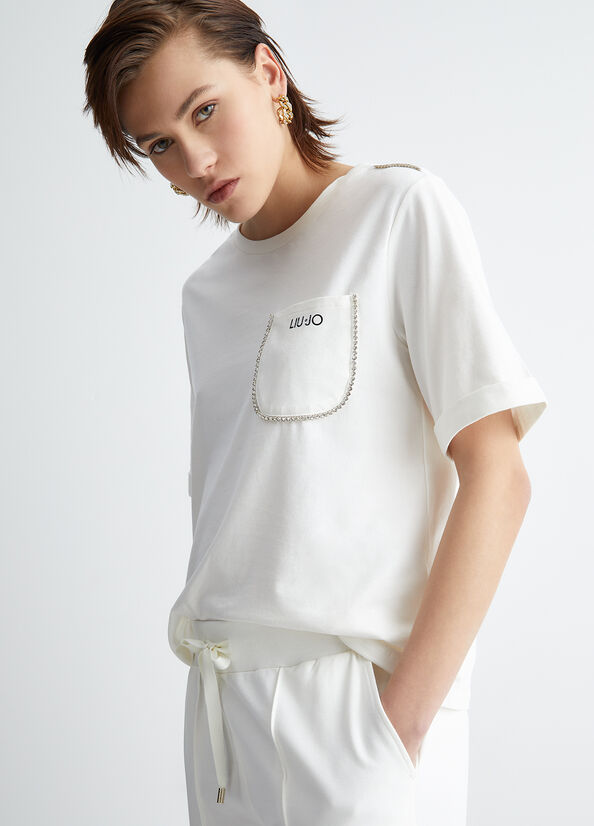 Liu Jo With Pocket And Rhinestones Women's T Shirts White | PNV-748529