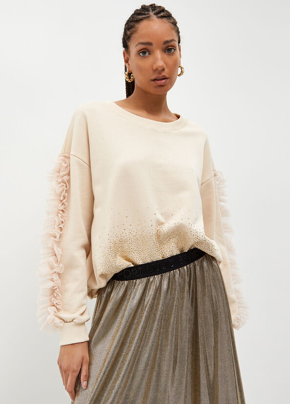 Liu Jo With Rhinestones And Tulle Women's Sweatshirts Beige | IOK-841952