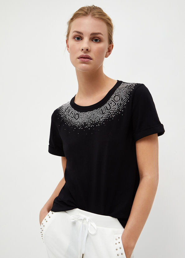 Liu Jo With Rhinestones Women's T Shirts Black | HEB-839701