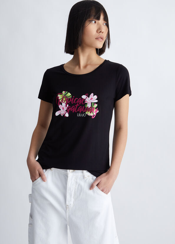 Liu Jo With Tropical Print Women's T Shirts Black | DFZ-435290