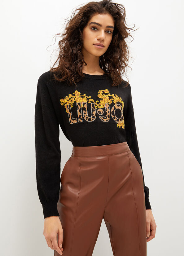 Liu Jo Wool And Cotton With Animal Print Logo Women's Sweaters Black / Yellow | RIV-801394